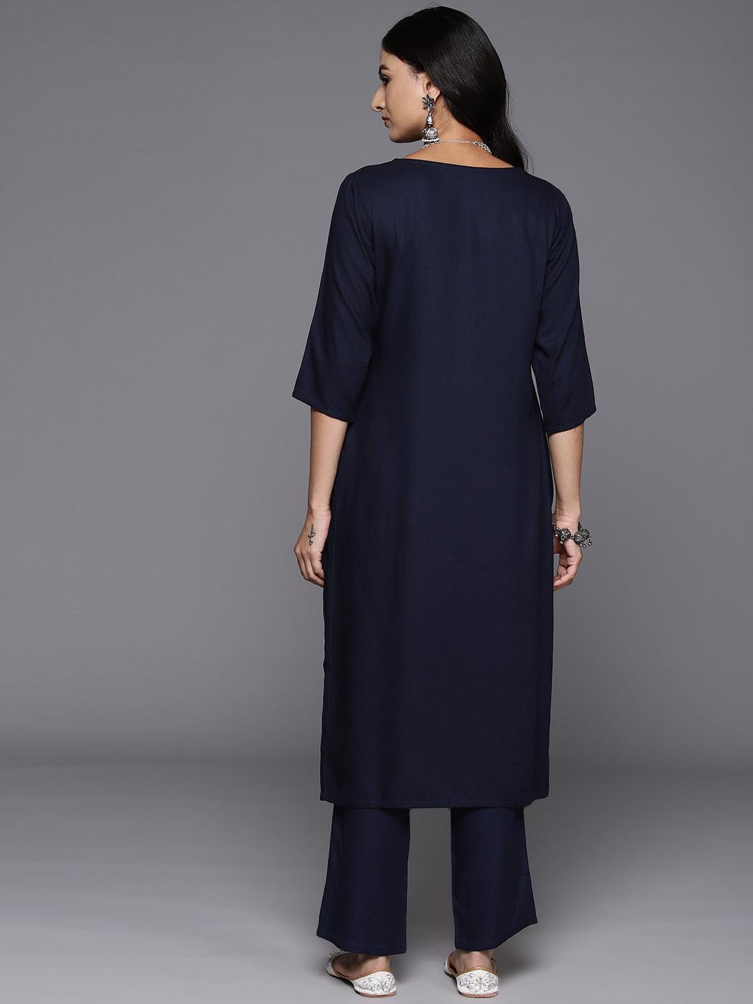 Navy Blue Yoke Design Wool Blend Straight Kurta With Trousers - ShopLibas