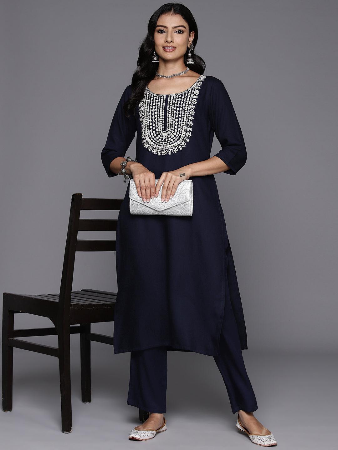 Navy Blue Yoke Design Wool Blend Straight Kurta With Trousers - ShopLibas