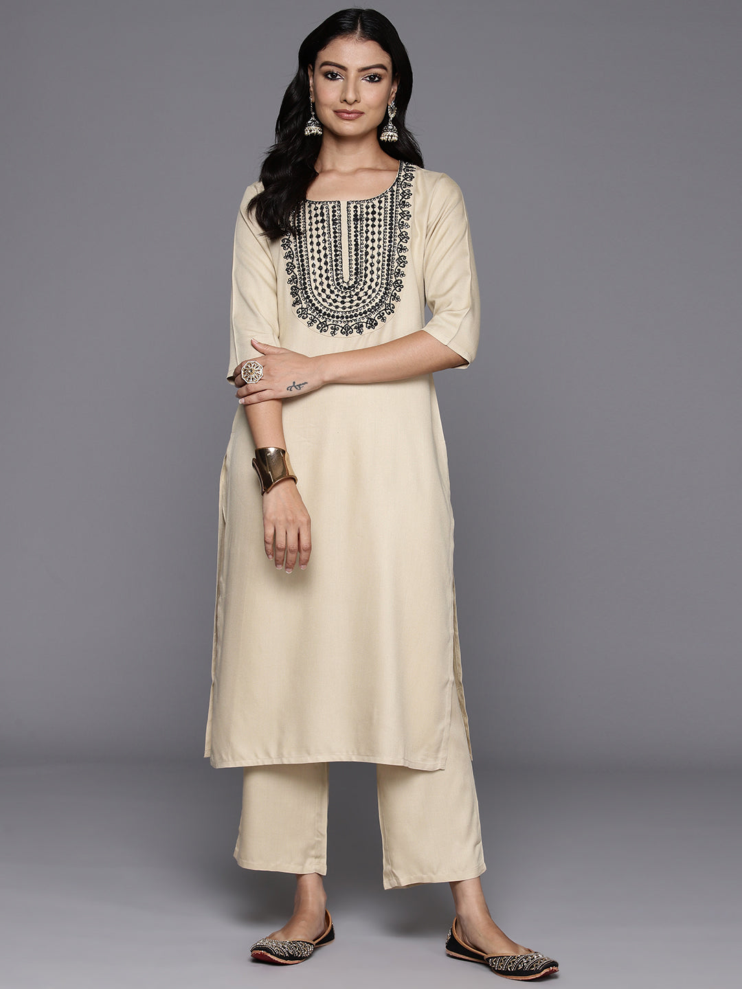 Beige Yoke Design Wool Blend Straight Kurta Set