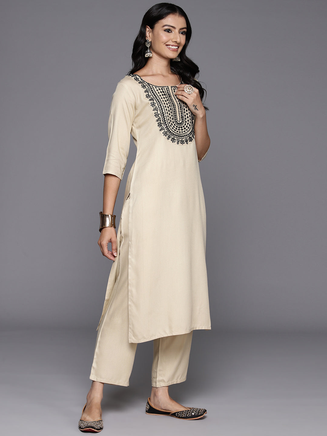 Beige Yoke Design Wool Blend Straight Kurta Set