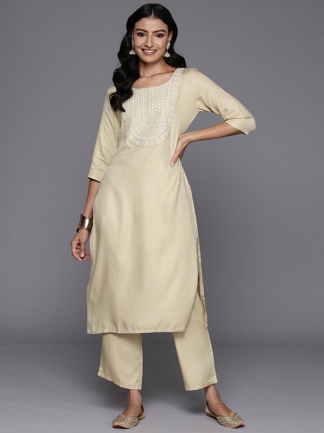 Beige Yoke Design Wool Blend Straight Kurta With Trousers - ShopLibas