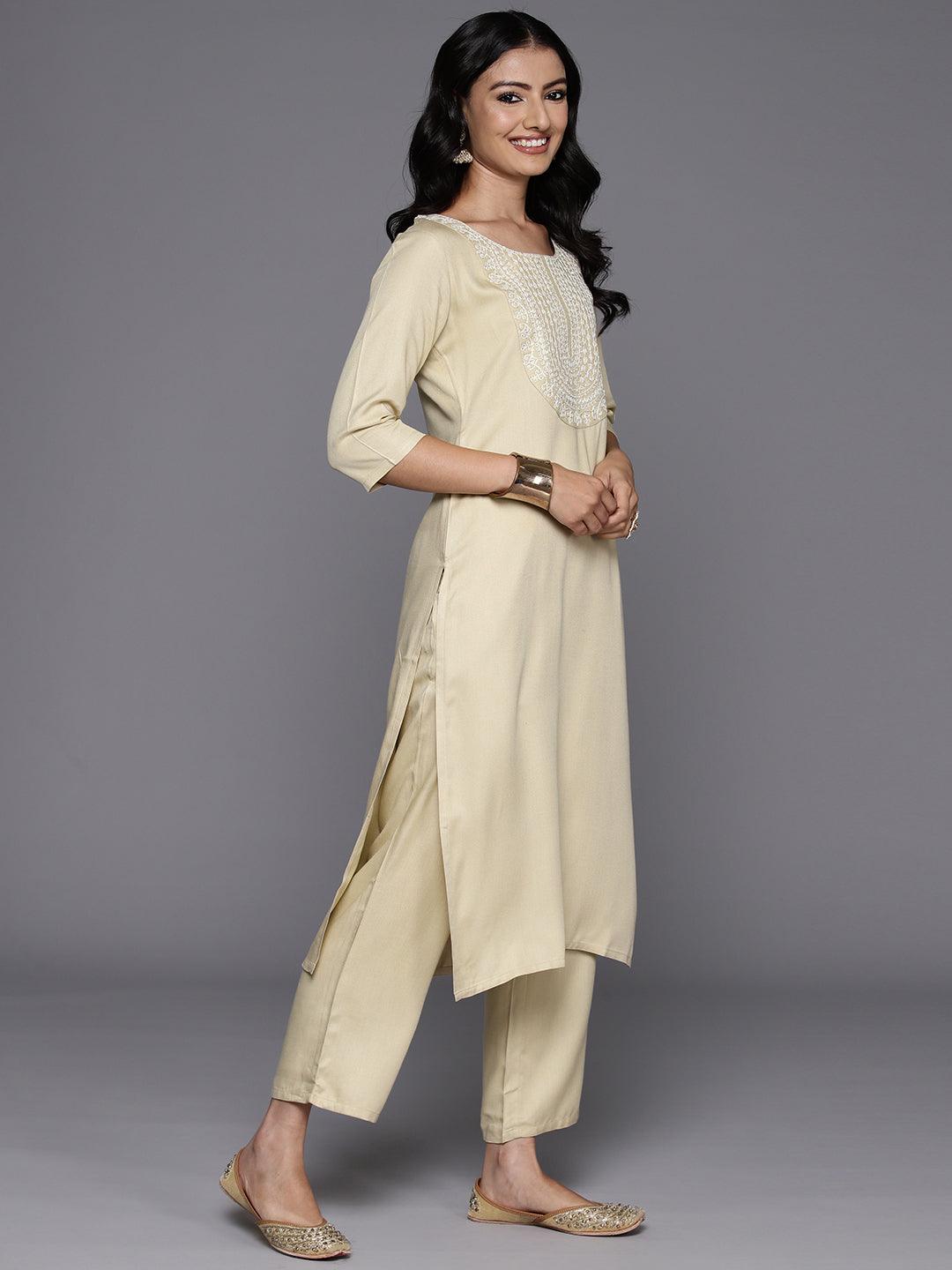 Beige Yoke Design Wool Blend Straight Kurta With Trousers - ShopLibas