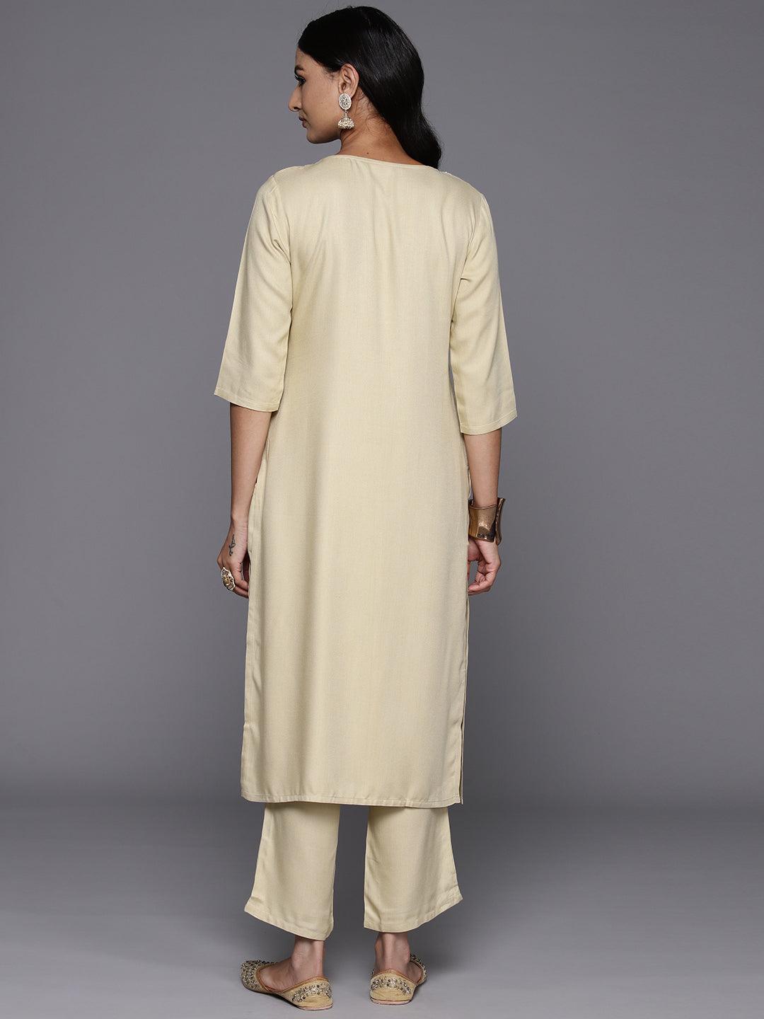 Beige Yoke Design Wool Blend Straight Kurta With Trousers - ShopLibas