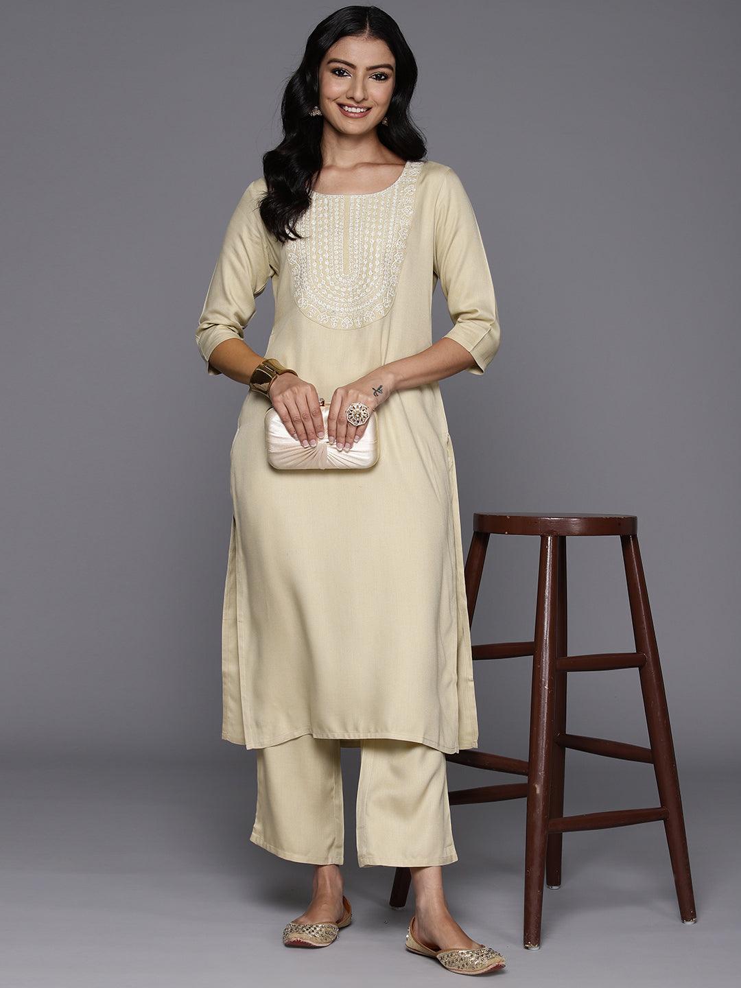 Beige Yoke Design Wool Blend Straight Kurta With Trousers - ShopLibas