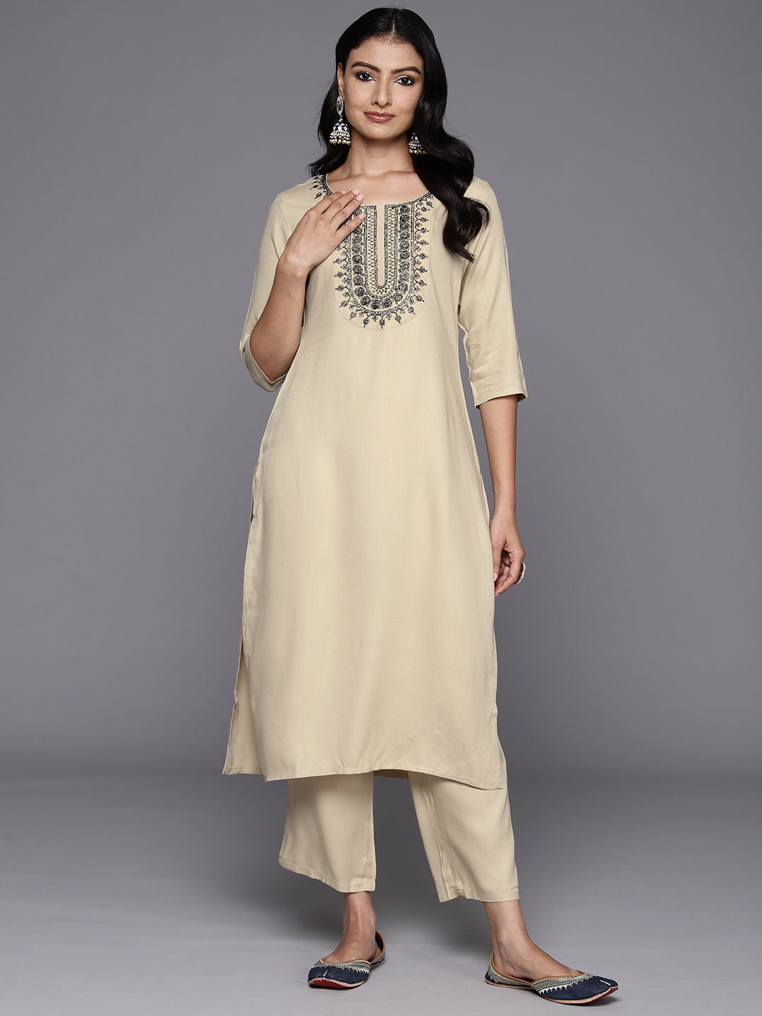 Beige Yoke Design Wool Blend Straight Kurta Set