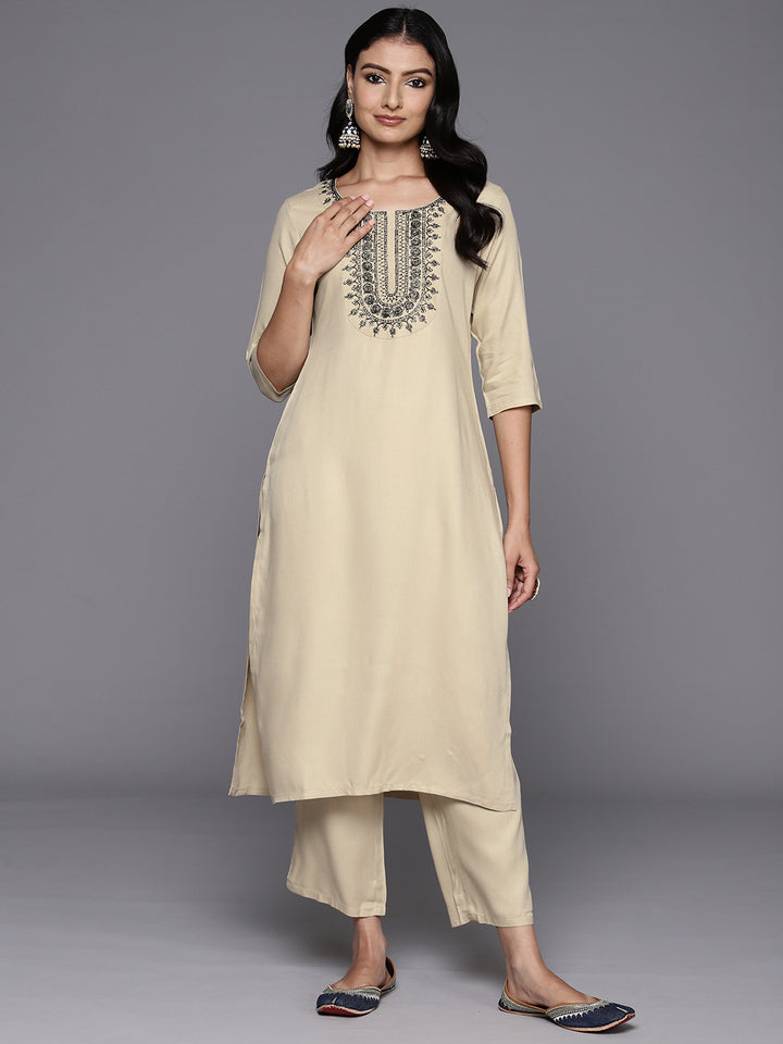 Beige Yoke Design Wool Blend Straight Kurta Set