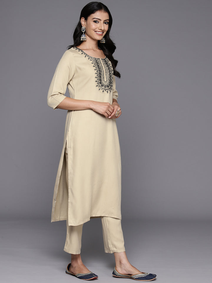 Beige Yoke Design Wool Blend Straight Kurta Set