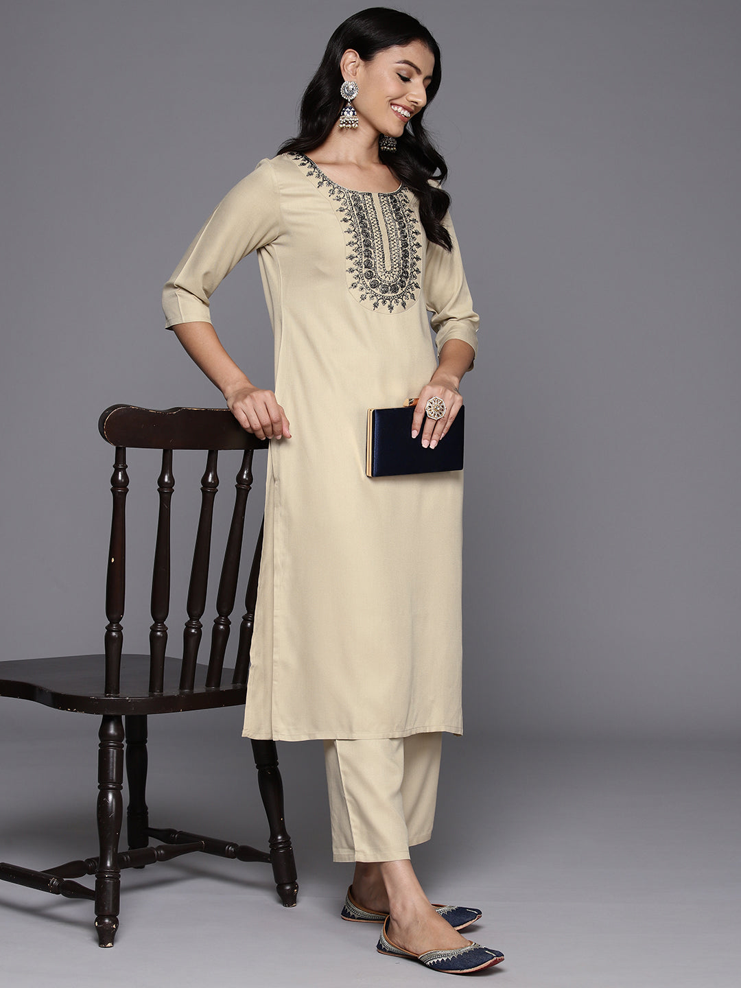 Beige Yoke Design Wool Blend Straight Kurta Set