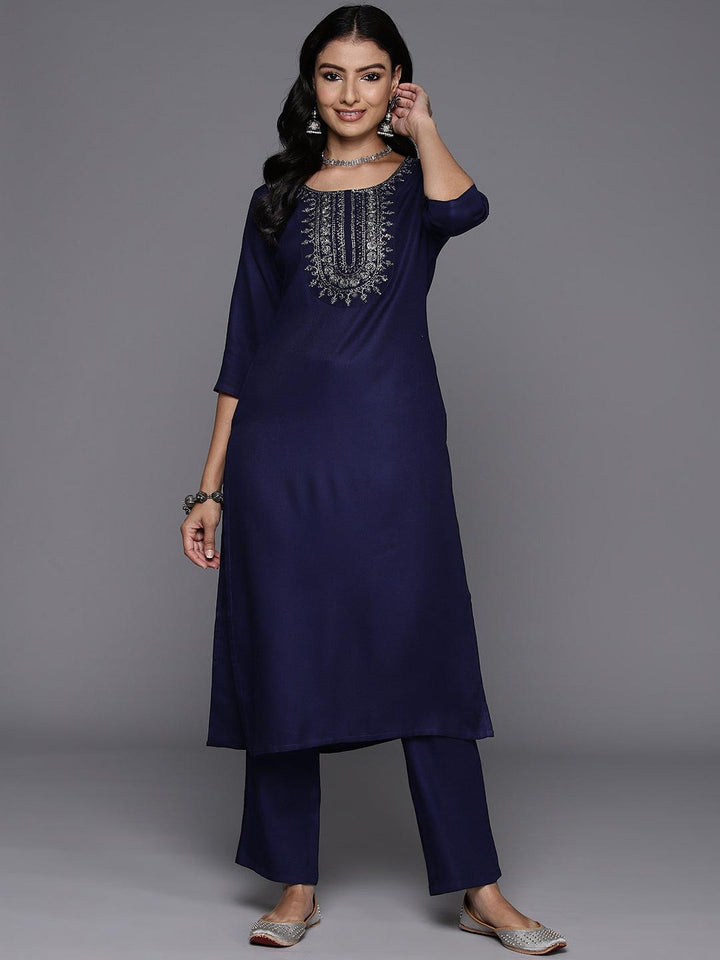 Navy Blue Yoke Design Wool Blend Straight Kurta With Trousers - ShopLibas