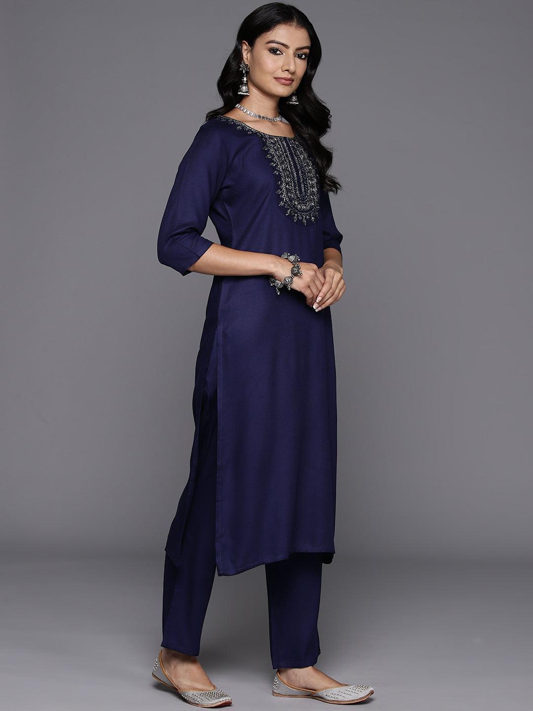 Navy Blue Yoke Design Wool Blend Straight Kurta With Trousers - ShopLibas