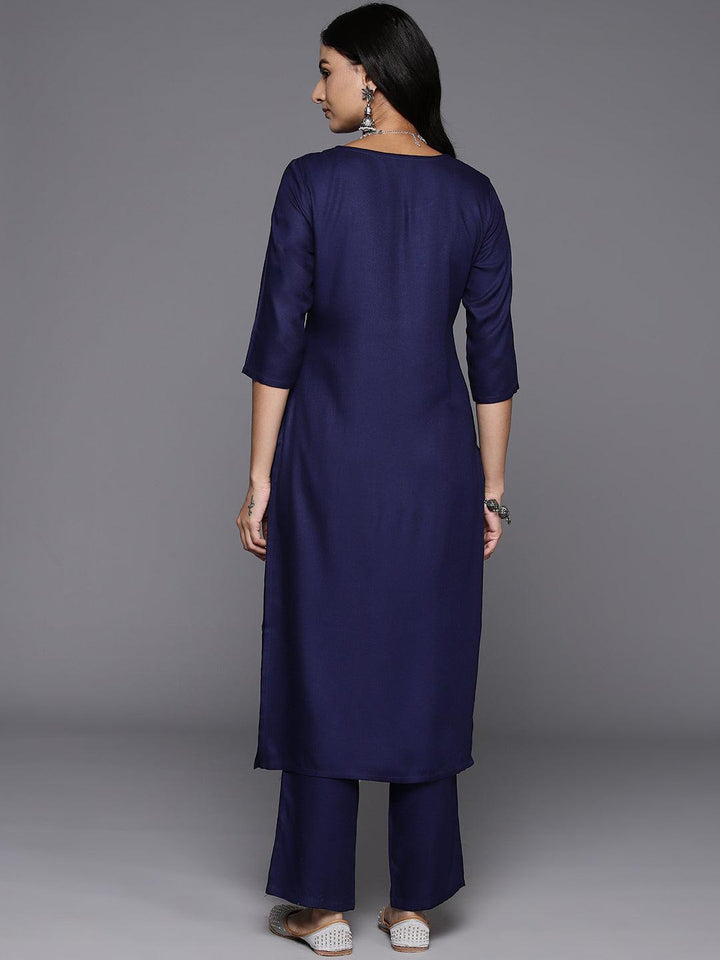 Navy Blue Yoke Design Wool Blend Straight Kurta With Trousers - ShopLibas