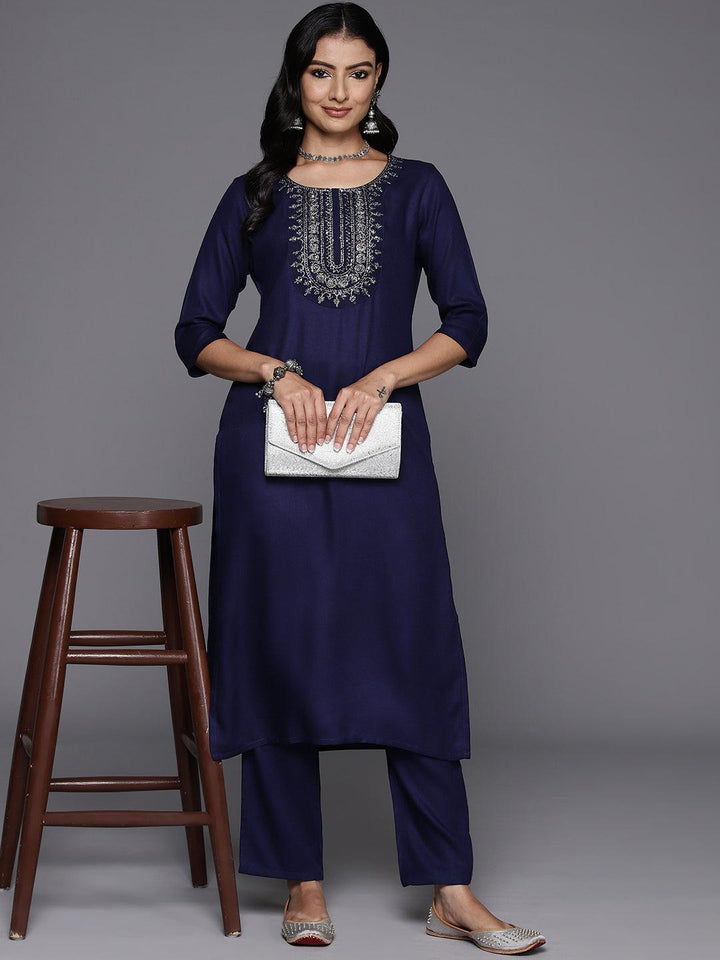 Navy Blue Yoke Design Wool Blend Straight Kurta With Trousers - ShopLibas