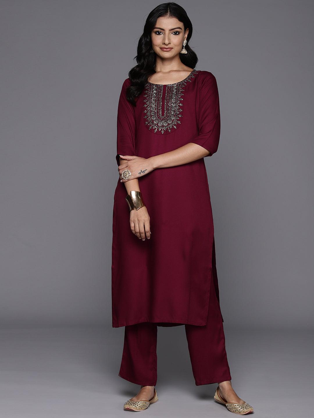 Maroon Yoke Design Wool Blend Straight Kurta With Trousers - ShopLibas