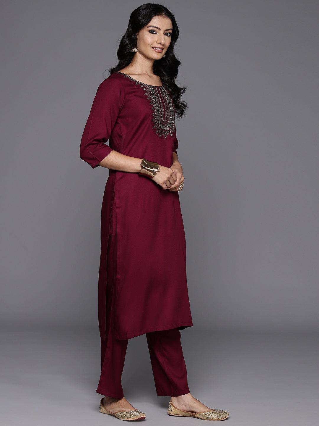 Maroon Yoke Design Wool Blend Straight Kurta With Trousers - ShopLibas