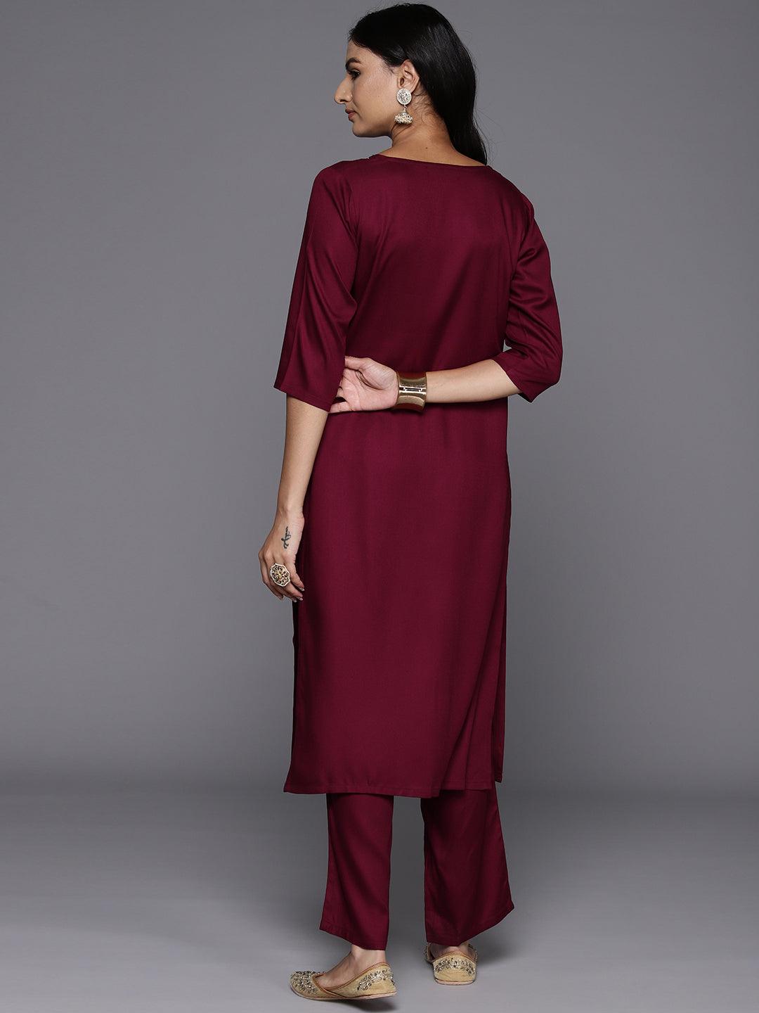 Maroon Yoke Design Wool Blend Straight Kurta With Trousers - ShopLibas