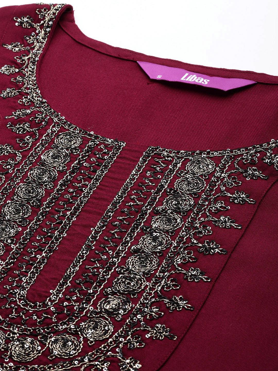 Maroon Yoke Design Wool Blend Straight Kurta With Trousers - ShopLibas