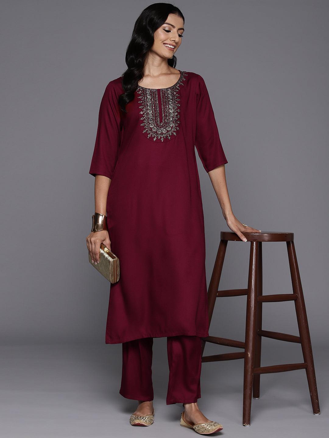 Maroon Yoke Design Wool Blend Straight Kurta With Trousers - ShopLibas