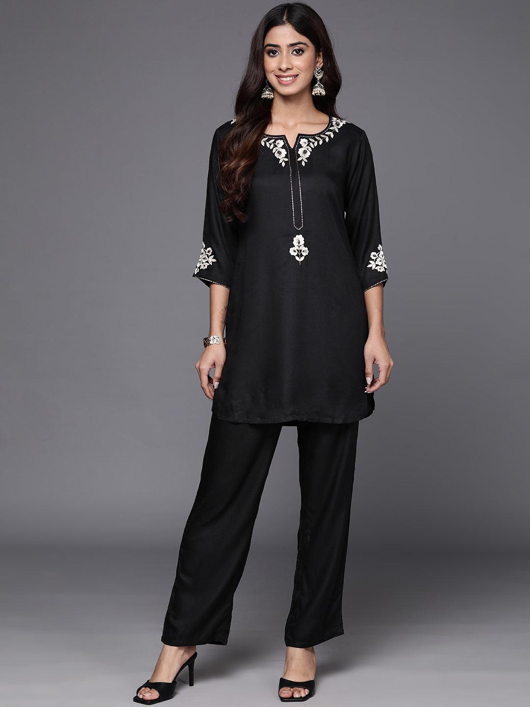 Black Self Design Wool Blend Tunic With Trousers - ShopLibas