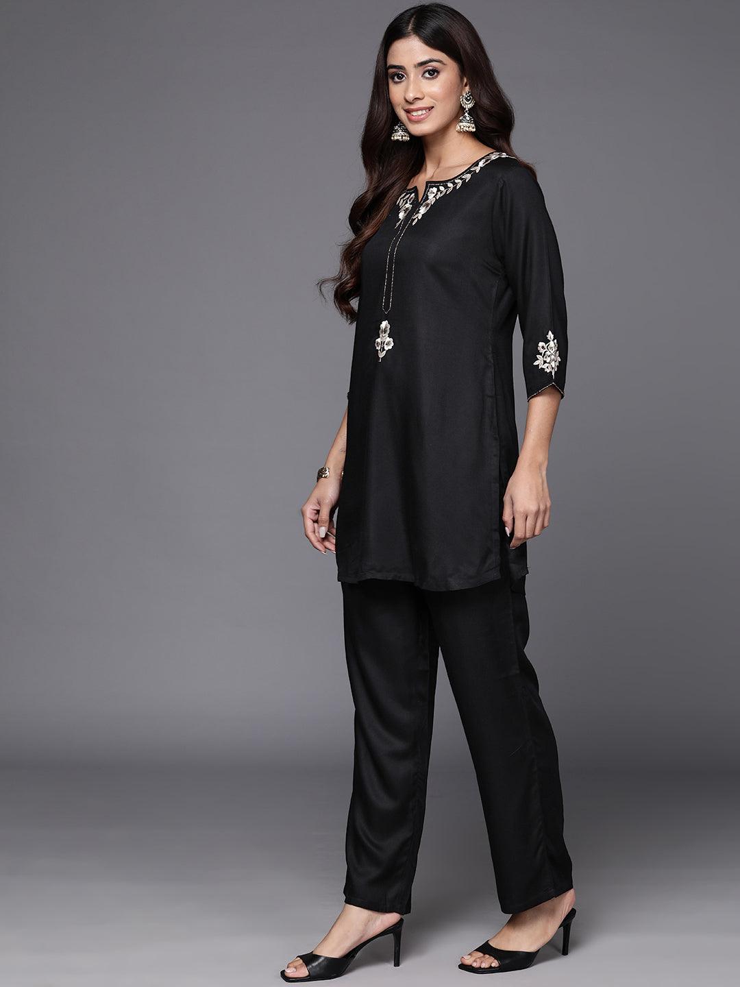 Black Self Design Wool Blend Tunic With Trousers - ShopLibas