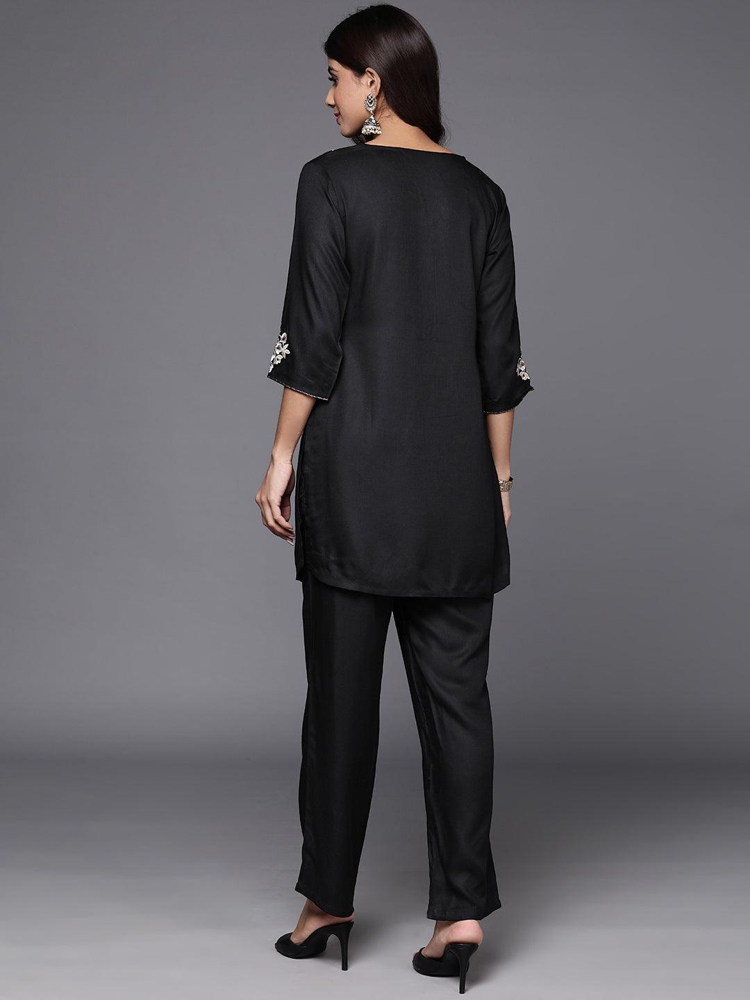 Black Self Design Wool Blend Tunic With Trousers - ShopLibas