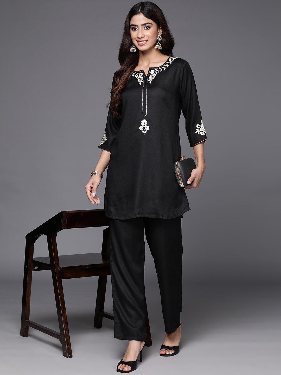 Black Self Design Wool Blend Tunic With Trousers - ShopLibas