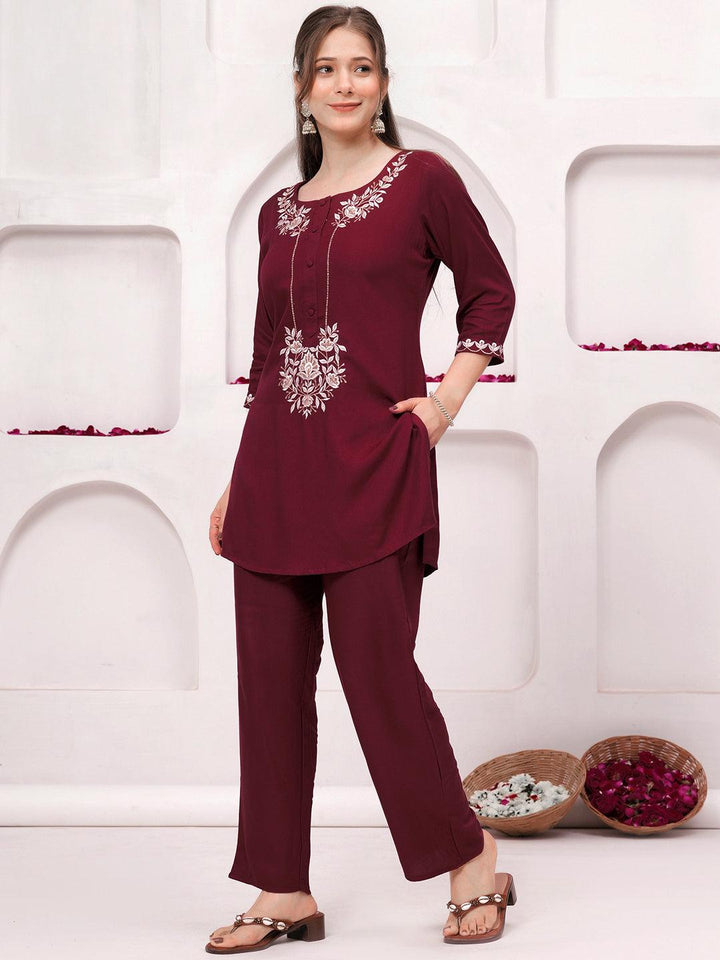 Maroon Embroidered Wool Blend Tunic With Trousers - ShopLibas