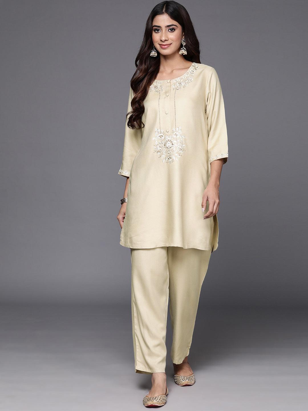 Off White Self Design Wool Blend Tunic With Trousers - ShopLibas