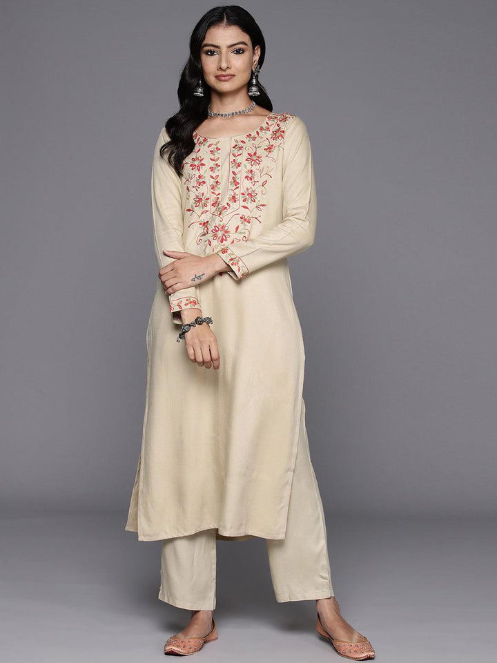 Beige Yoke Design Wool Blend Straight Kurta With Trousers - ShopLibas