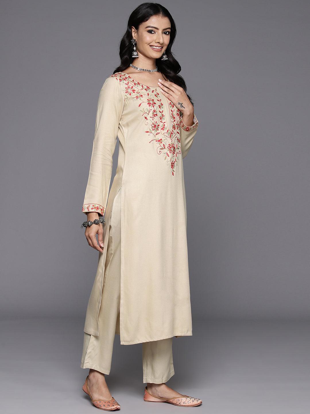 Beige Yoke Design Wool Blend Straight Kurta With Trousers - ShopLibas