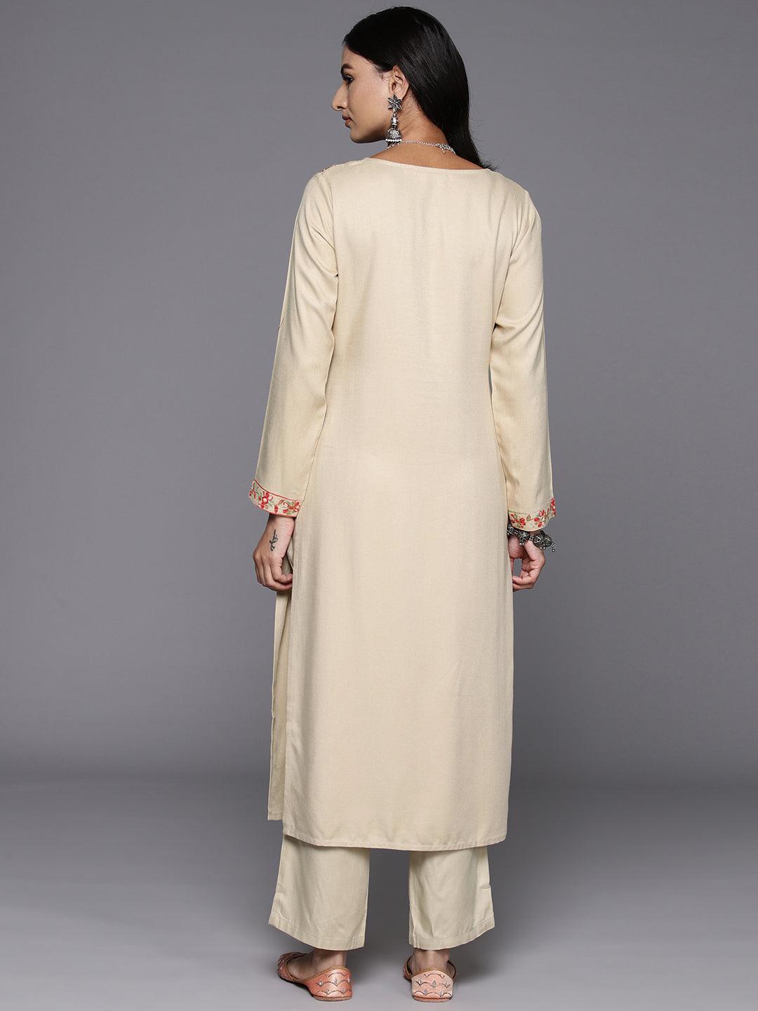 Beige Yoke Design Wool Blend Straight Kurta With Trousers - ShopLibas