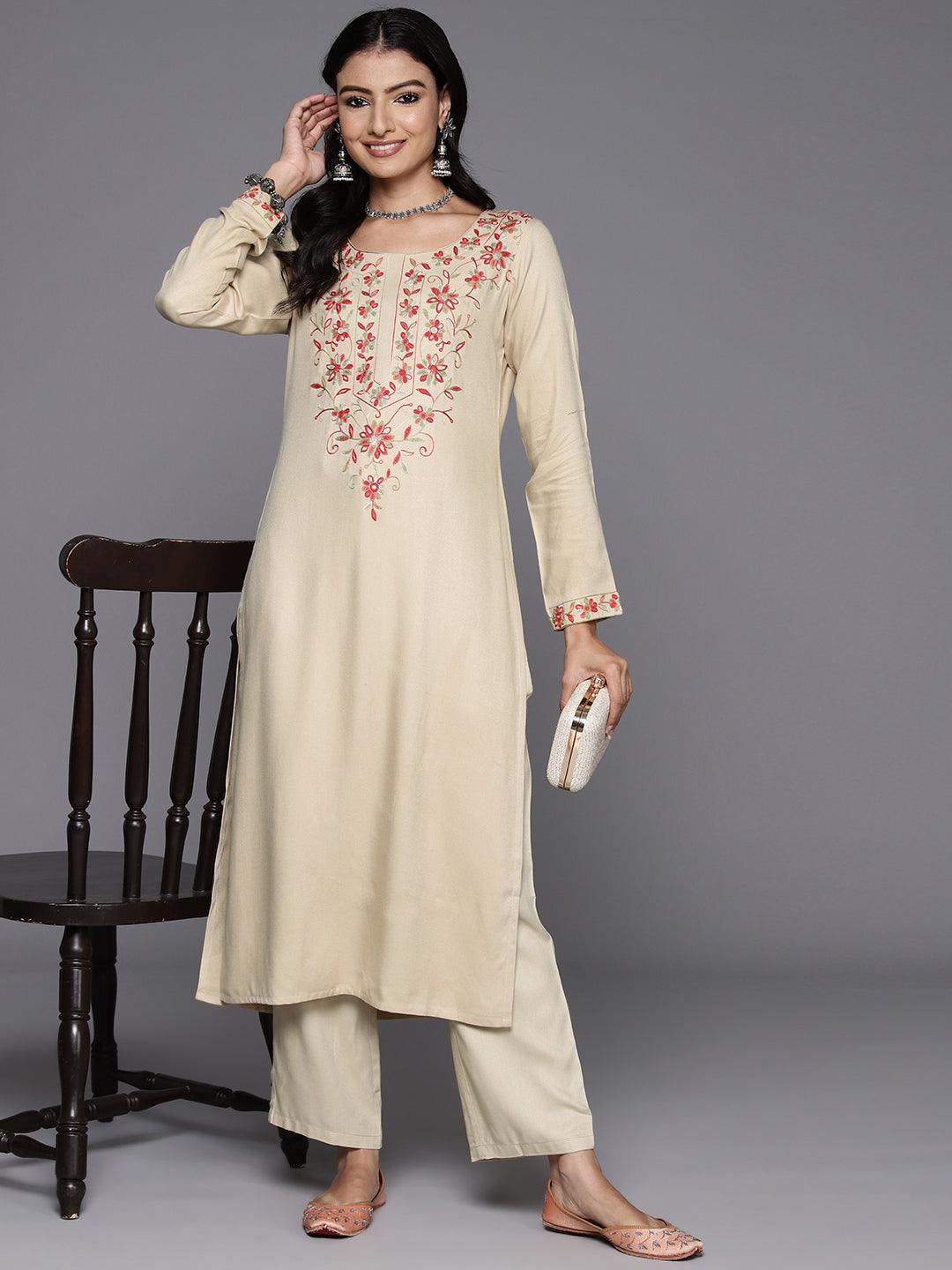 Beige Yoke Design Wool Blend Straight Kurta With Trousers - ShopLibas