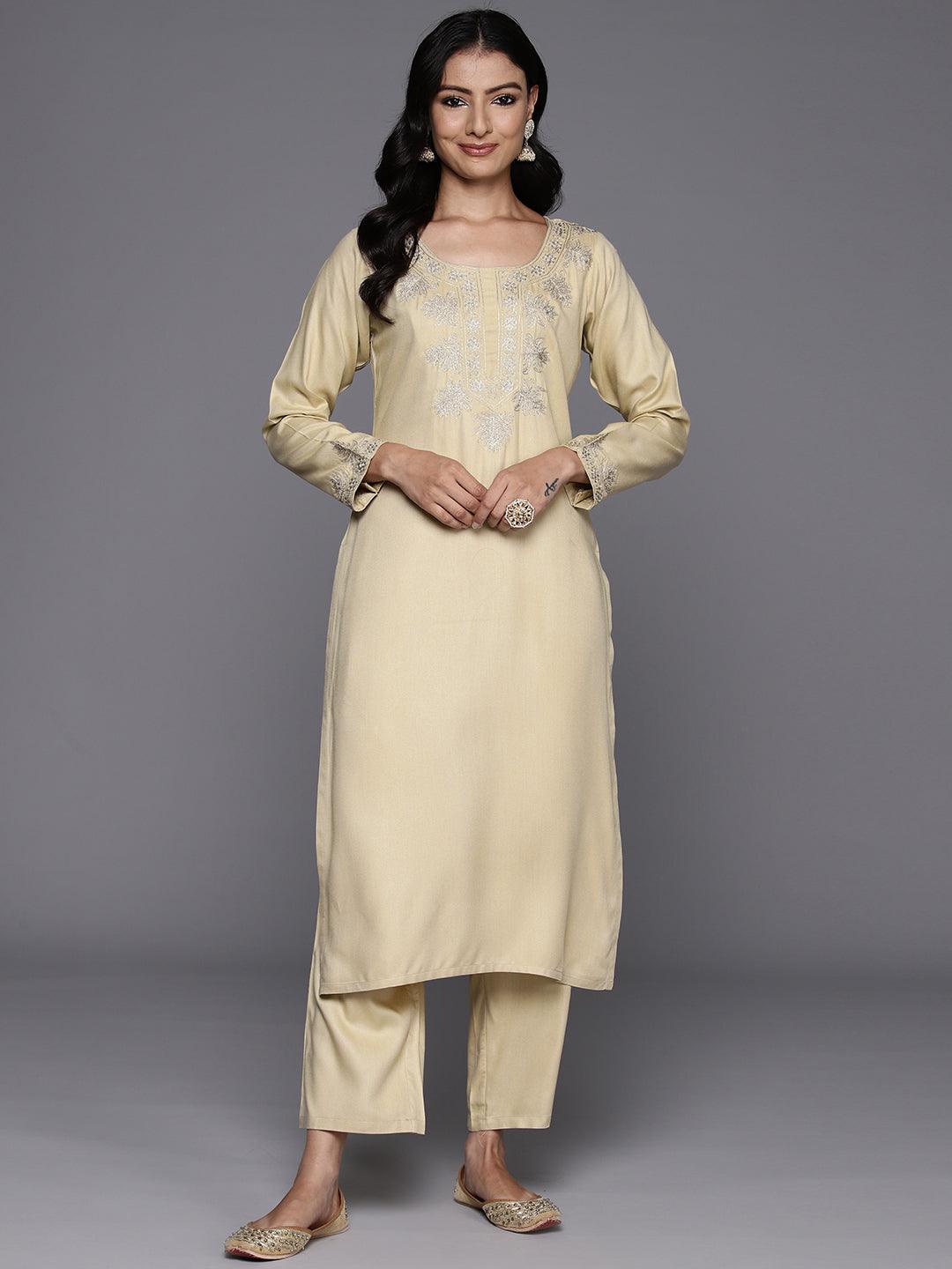 Beige Yoke Design Wool Blend Straight Kurta With Trousers - ShopLibas