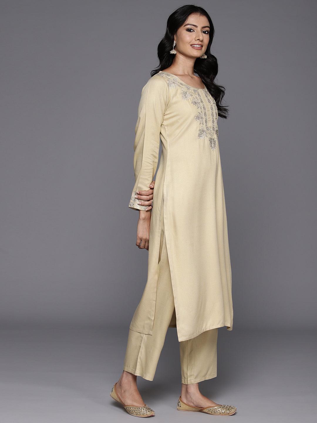 Beige Yoke Design Wool Blend Straight Kurta With Trousers - ShopLibas