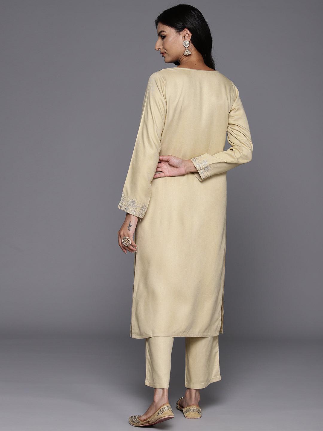 Beige Yoke Design Wool Blend Straight Kurta With Trousers - ShopLibas