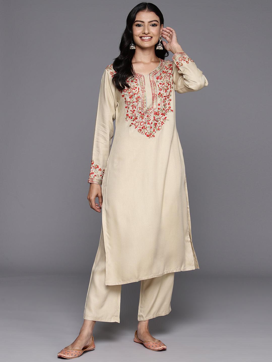 Beige Yoke Design Wool Blend Straight Kurta With Trousers - ShopLibas