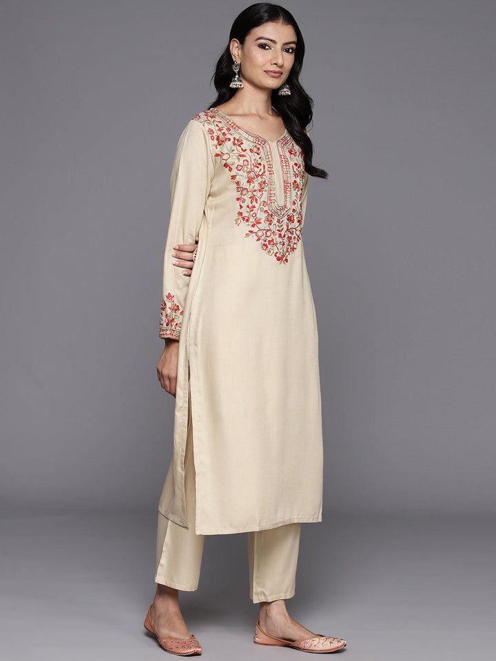 Beige Yoke Design Wool Blend Straight Kurta With Trousers - ShopLibas