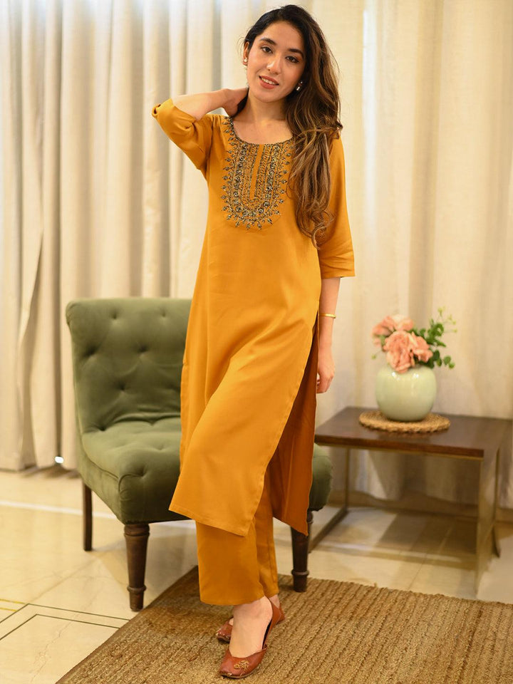 Mustard Yoke Design Wool Blend Straight Kurta With Trousers - ShopLibas