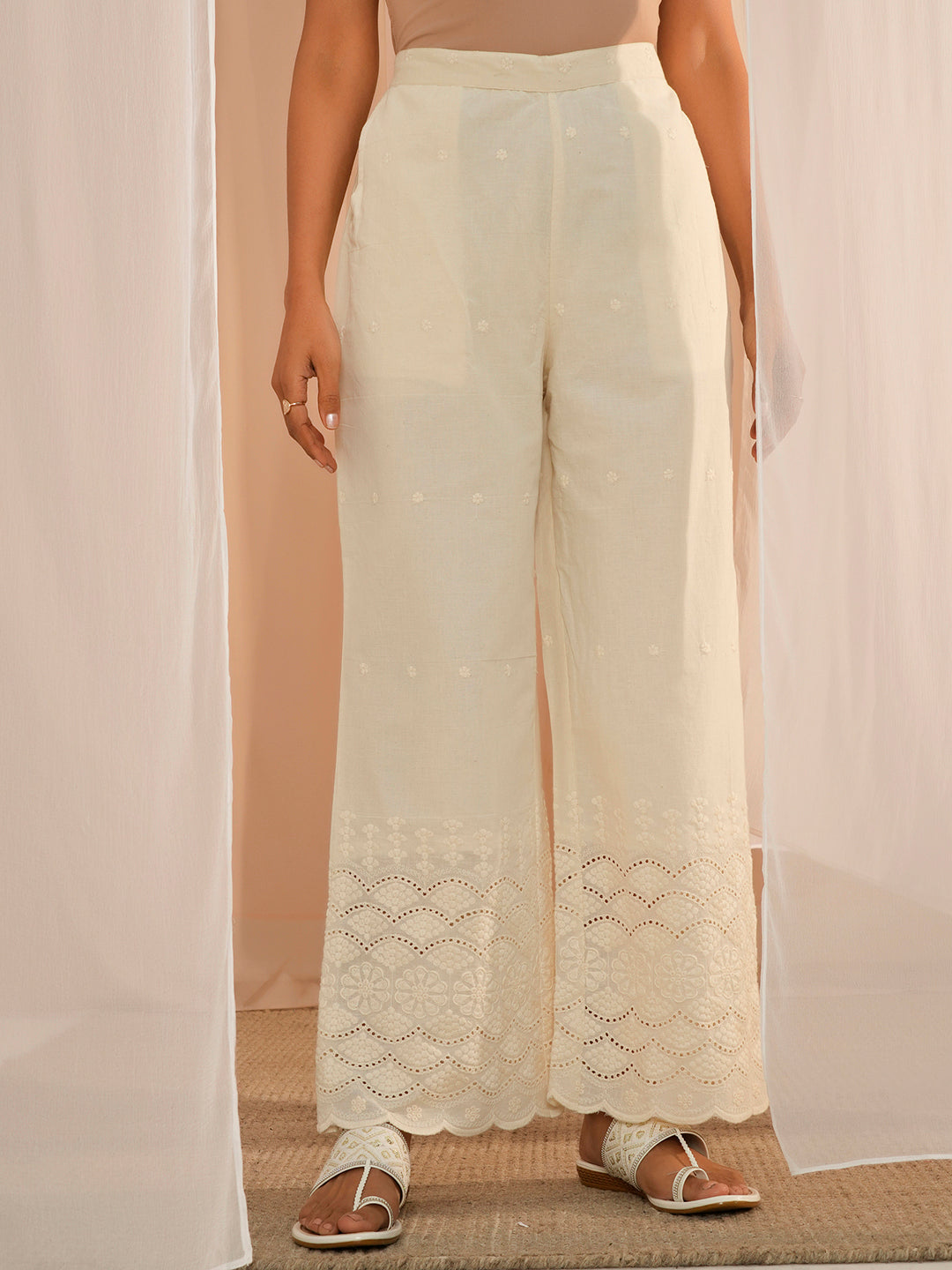 Off White Self Design Cotton Tunic With Palazzos