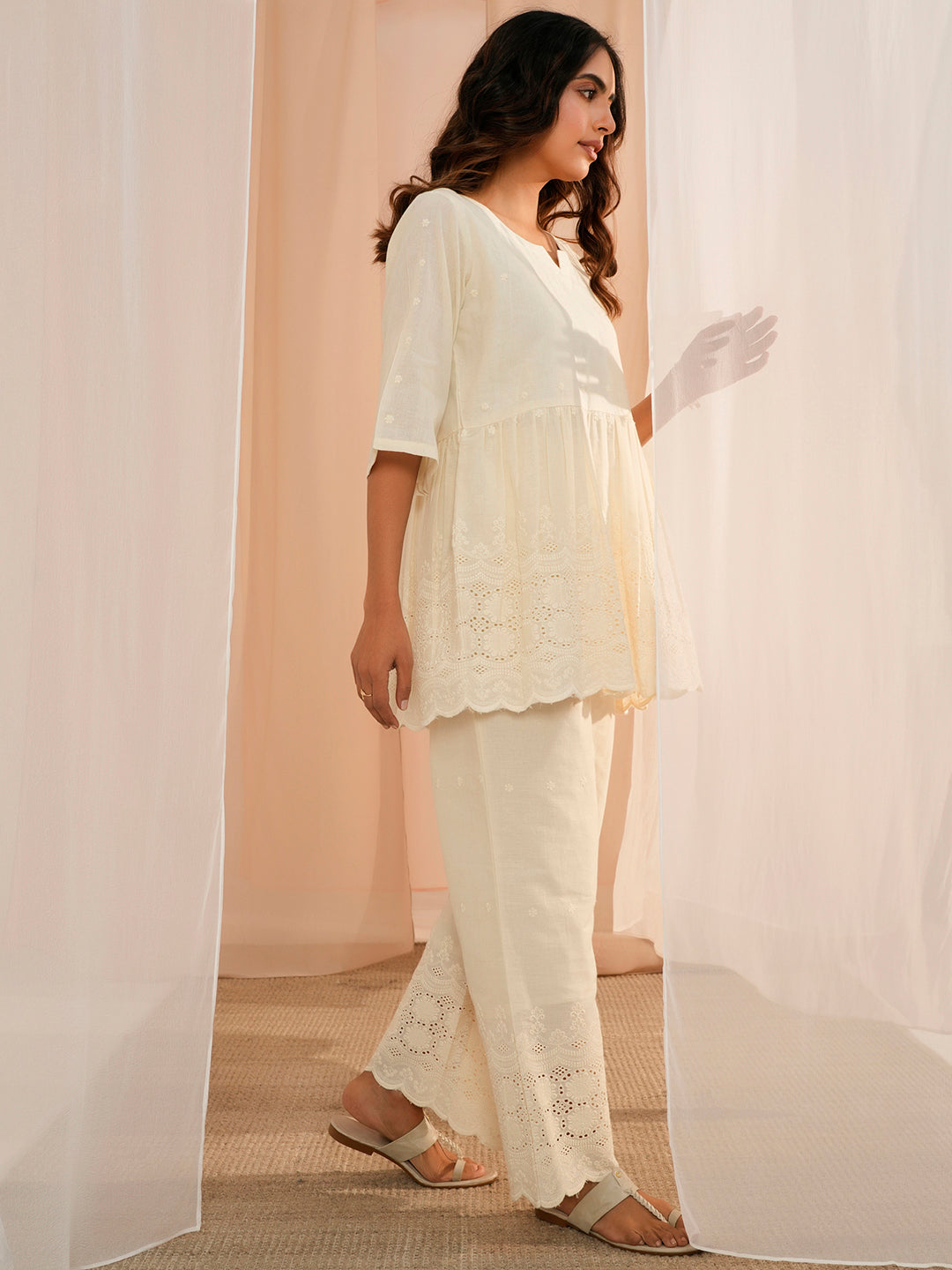 Off White Self Design Cotton Tunic With Palazzos