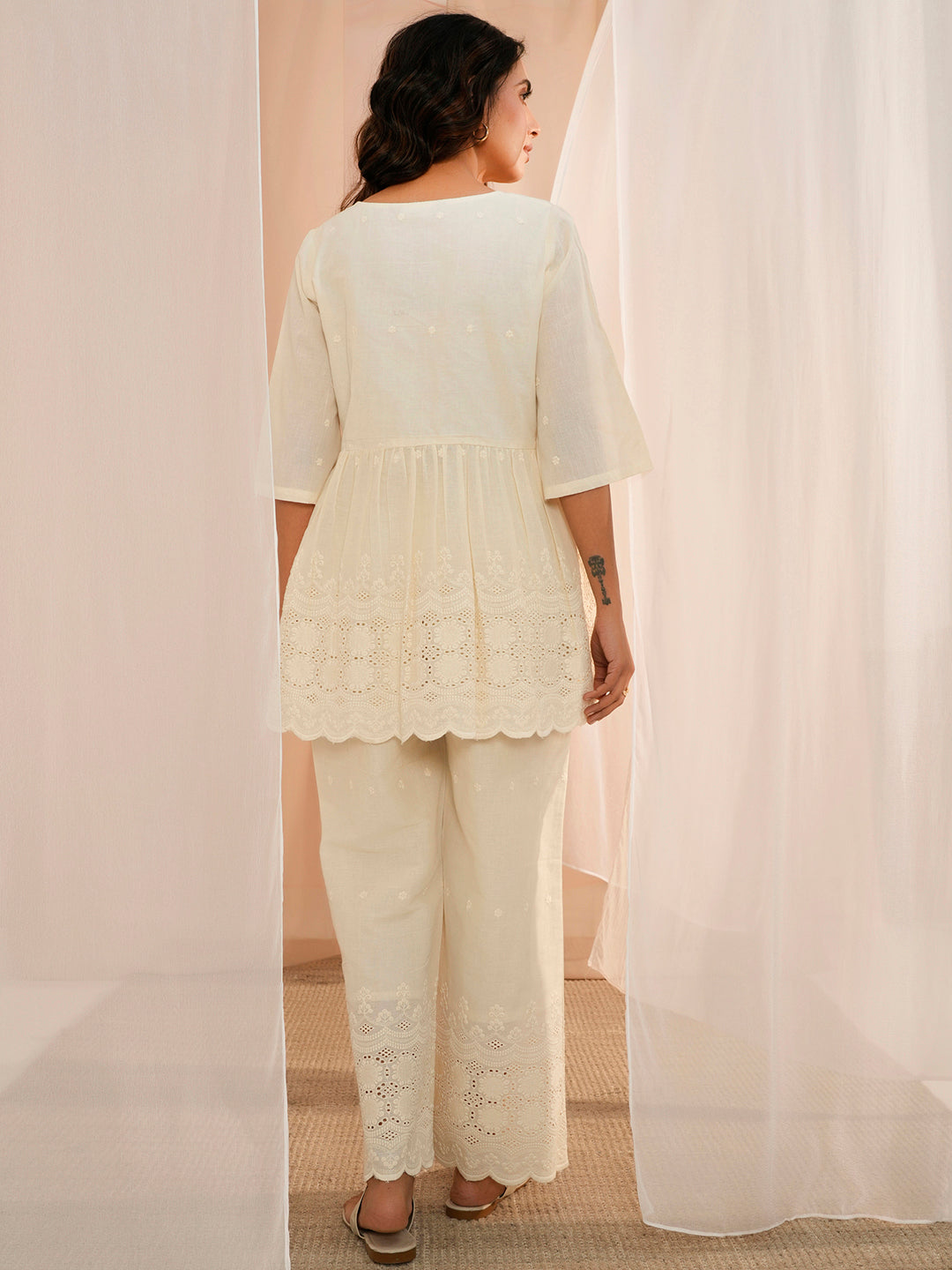 Off White Self Design Cotton Tunic With Palazzos