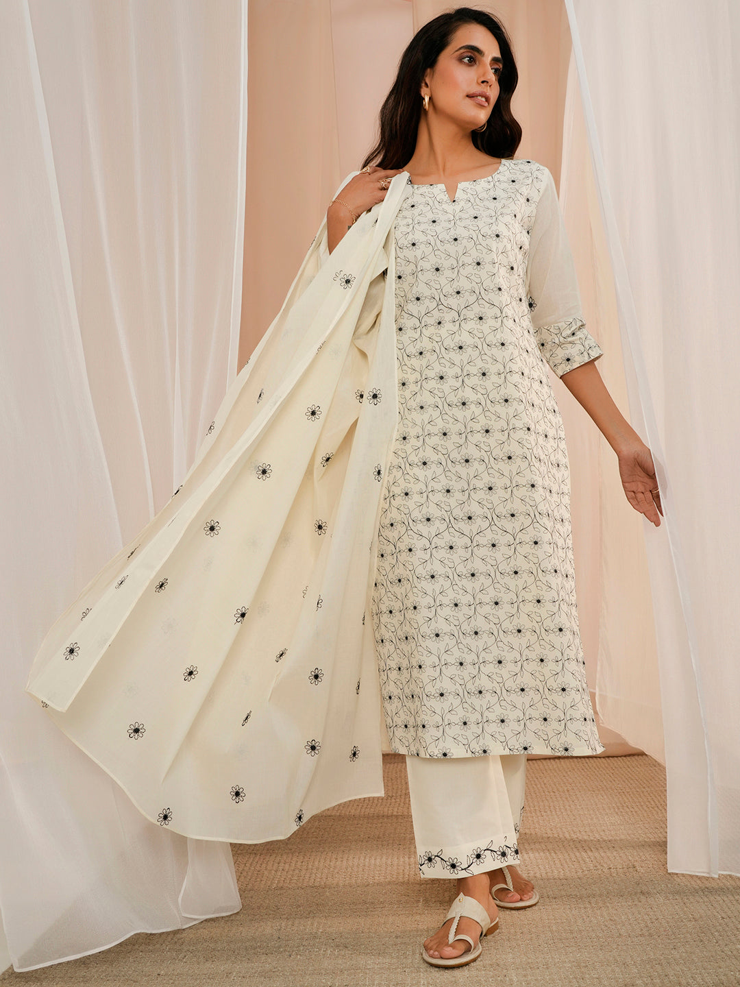 Off White Embroidered Cotton Straight Suit With Dupatta