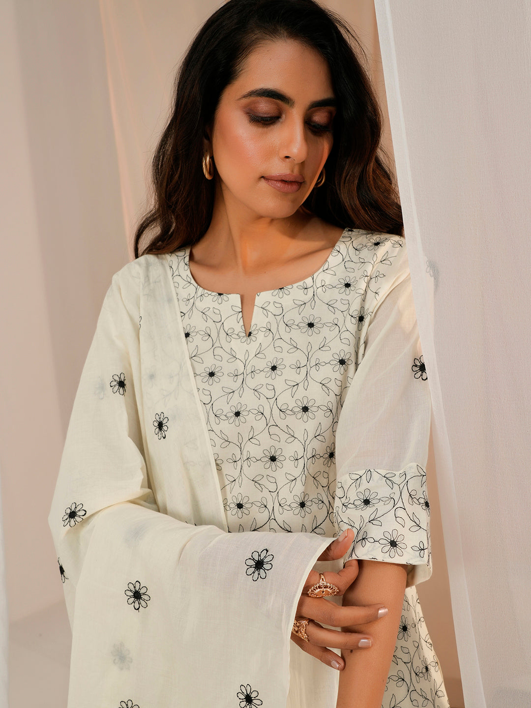 Off White Embroidered Cotton Straight Suit With Dupatta