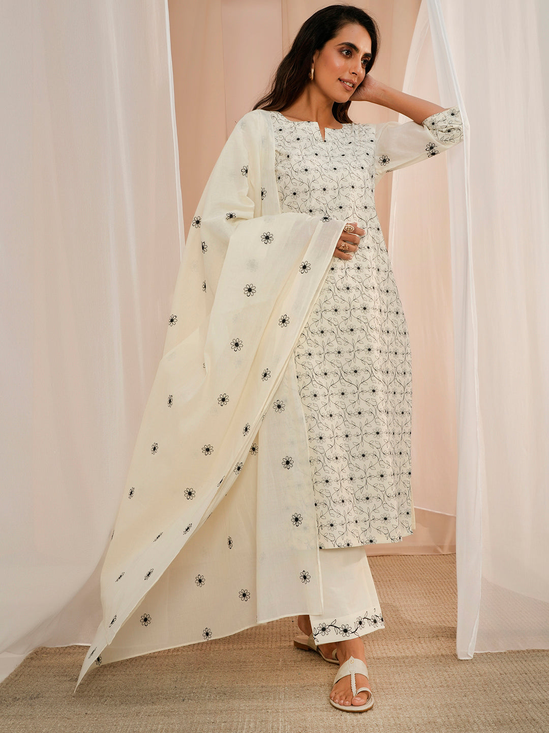 Off White Embroidered Cotton Straight Suit With Dupatta