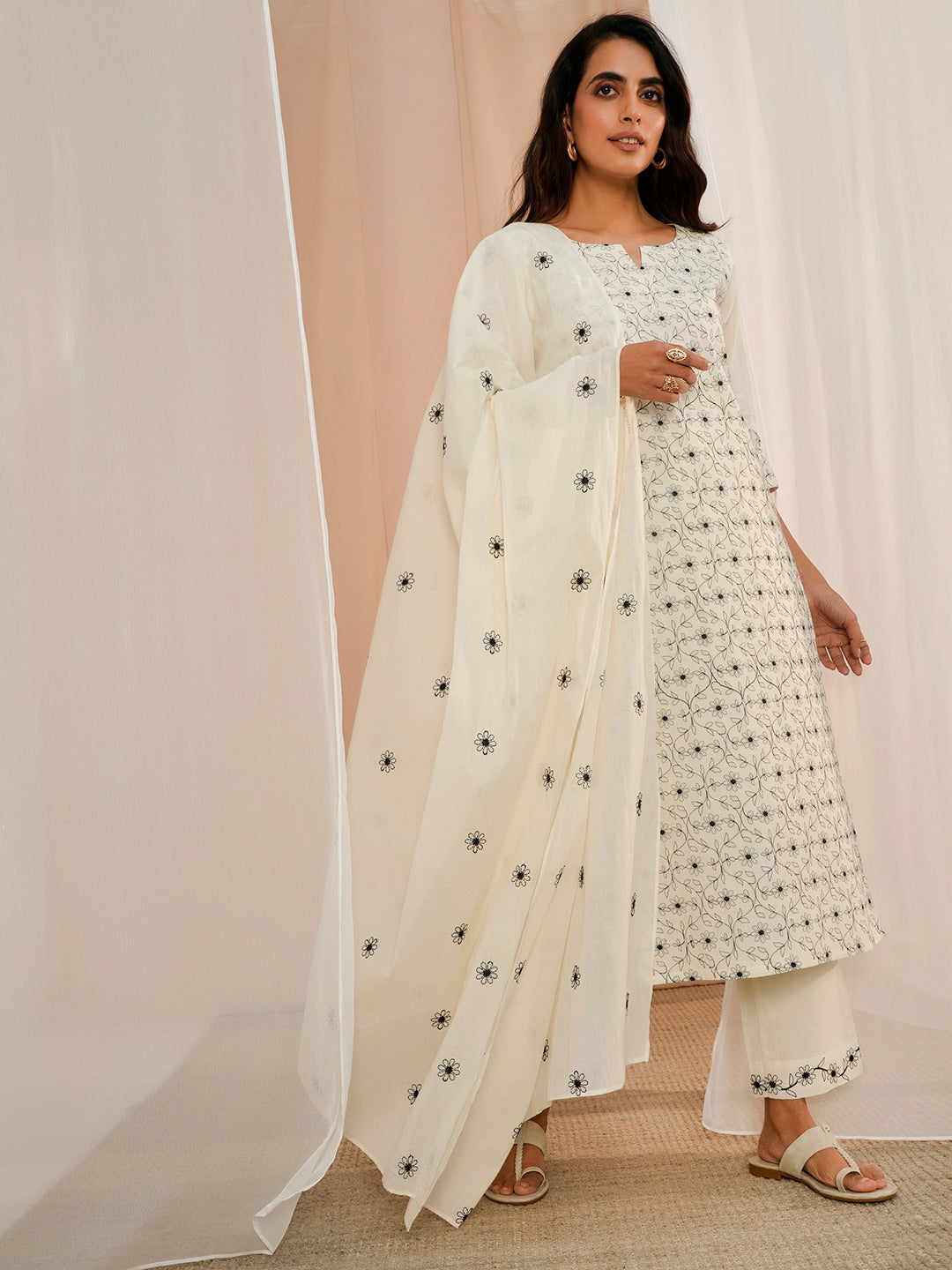 Off White Embroidered Cotton Straight Suit With Dupatta