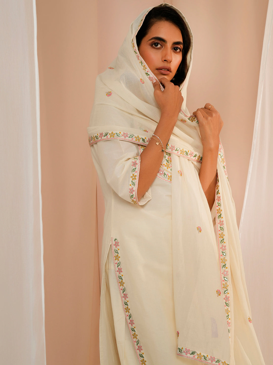 Off White Yoke Design Cotton Straight Suit With Dupatta