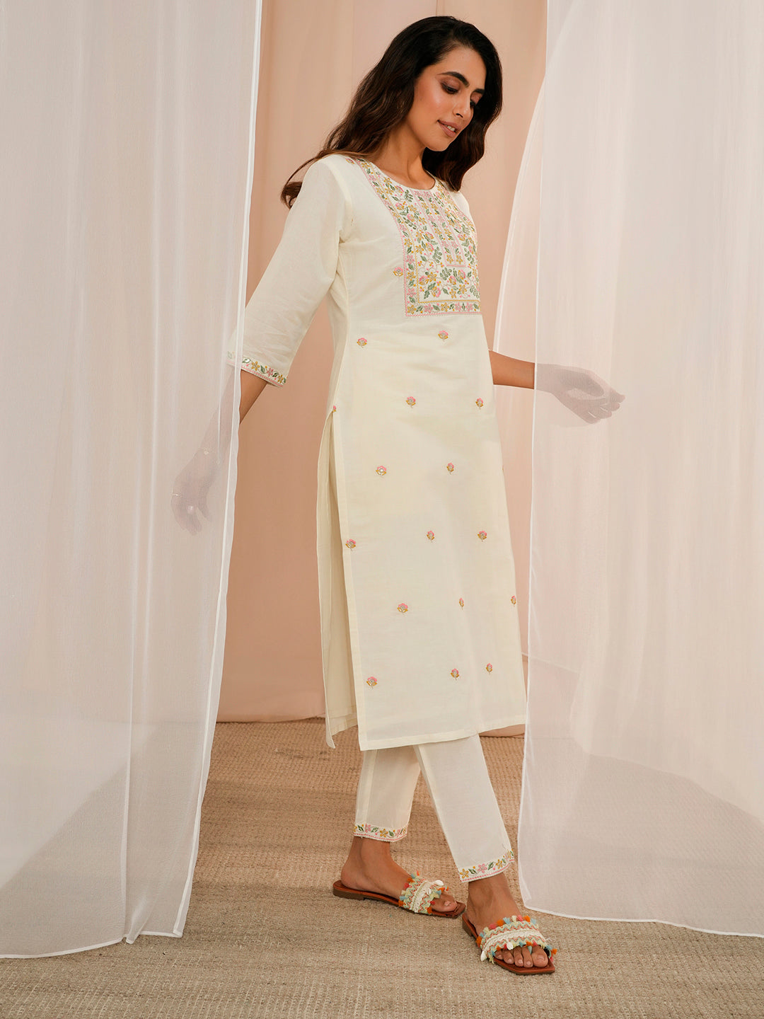 Off White Yoke Design Cotton Straight Suit With Dupatta