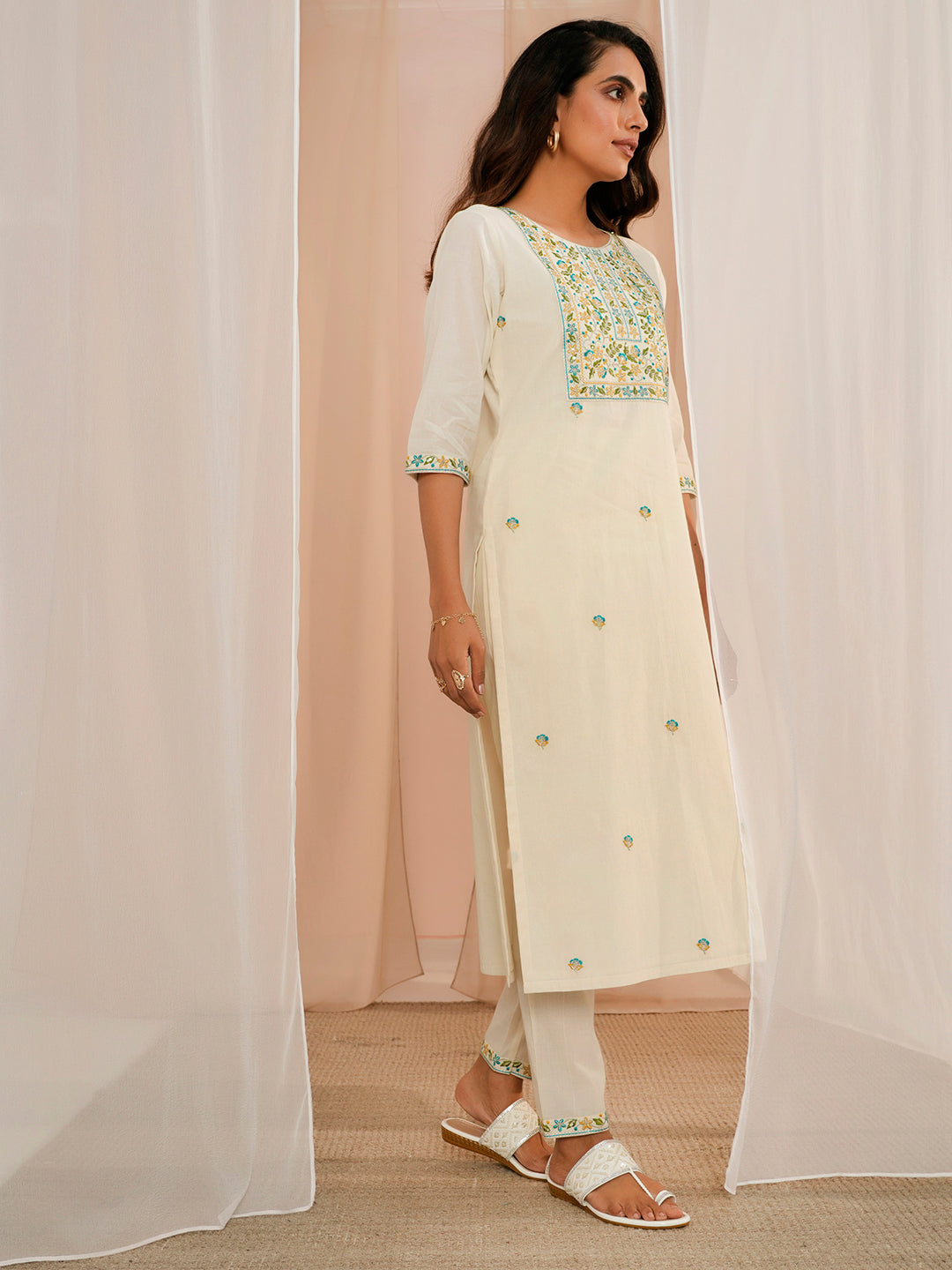 Off White Yoke Design Cotton Straight Suit With Dupatta