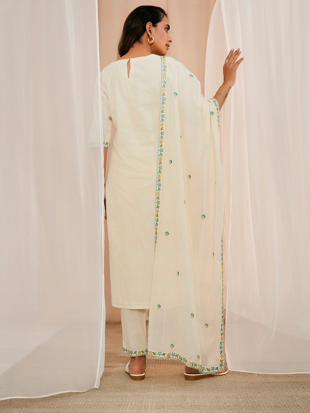 Off White Yoke Design Cotton Straight Suit With Dupatta