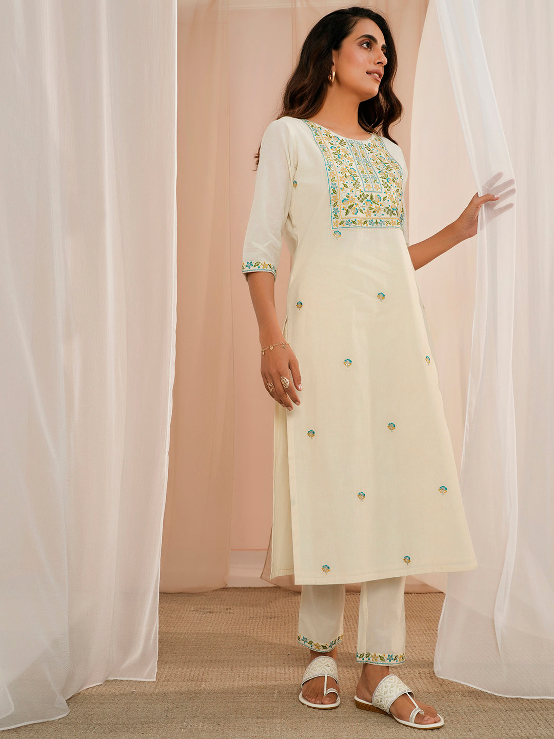 Off White Yoke Design Cotton Straight Suit With Dupatta