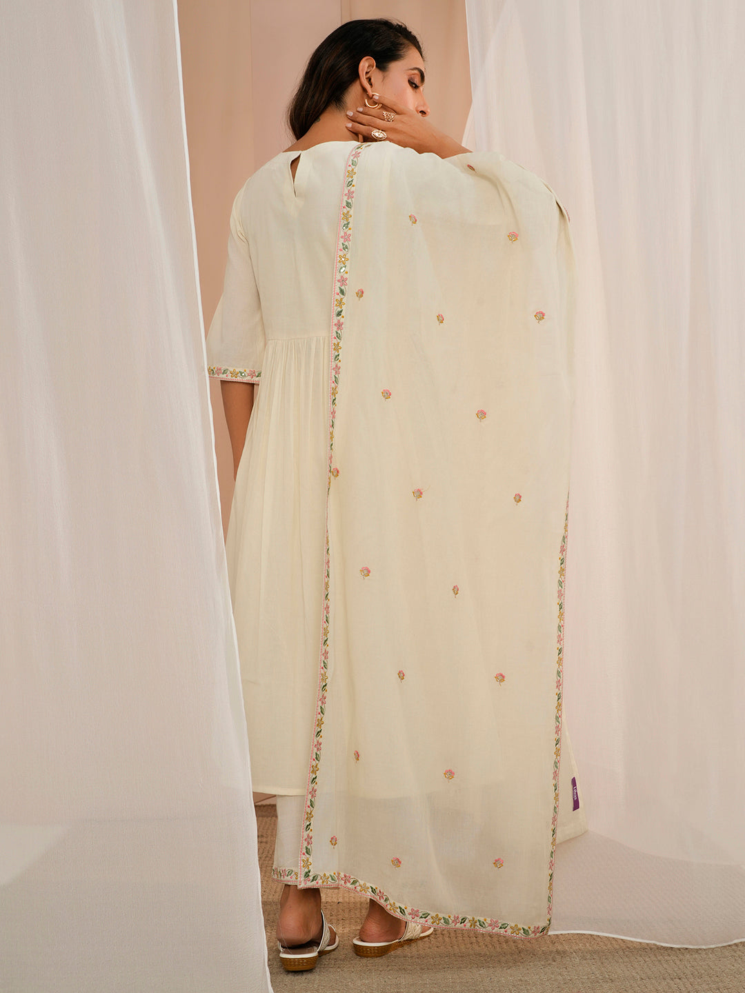 Off White Yoke Design Cotton A-Line Kurta With Palazzos & Dupatta